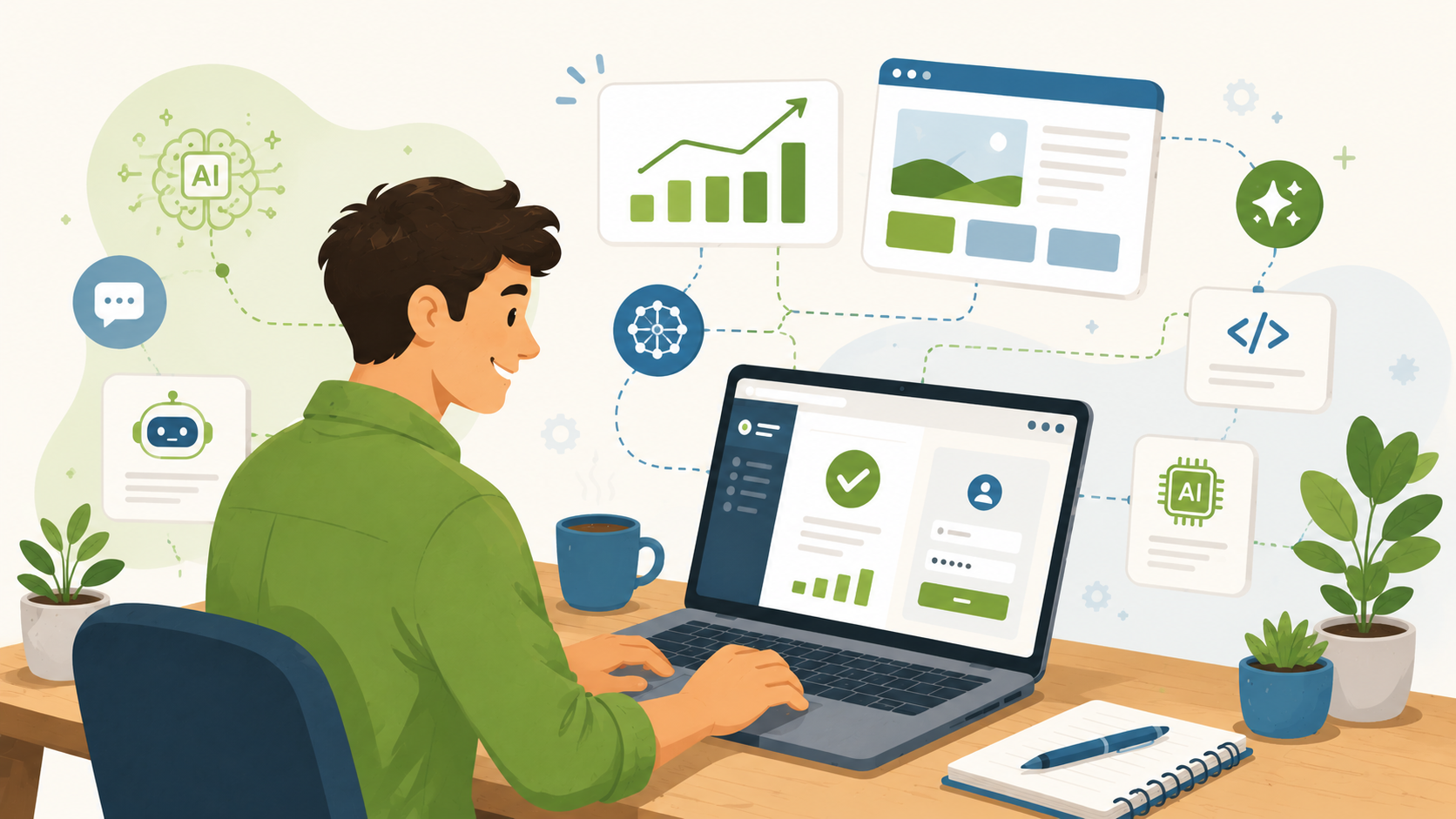 Illustration of an operator building AI powered websites and automation