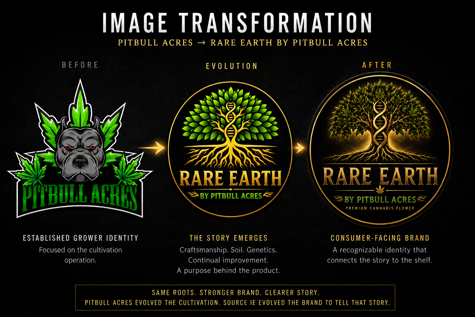 Brand mark evolution from Pitbull Acres to Rare Earth by Pitbull Acres — Source IE case study