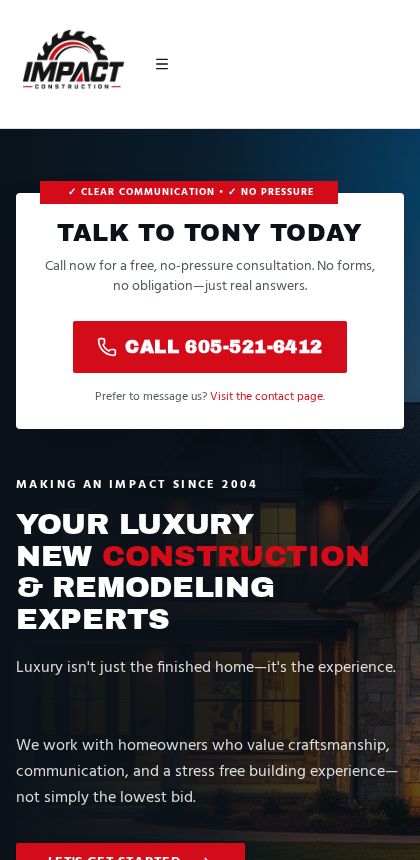 Mobile homepage design — Impact Construction website and growth system, Source IE case study.